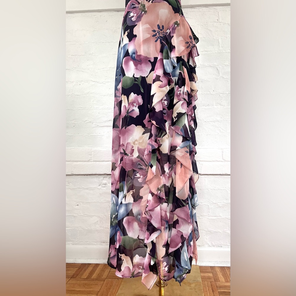 Betsy and Adam Floral Ruffle Slit Chiffon Halter Gown In Wine Rose Chiffon Maxi - Picture 10 of 16